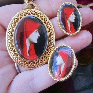 Saint Fabiola, patron of nurses, necklace & earrings set in enamel and gold-tone